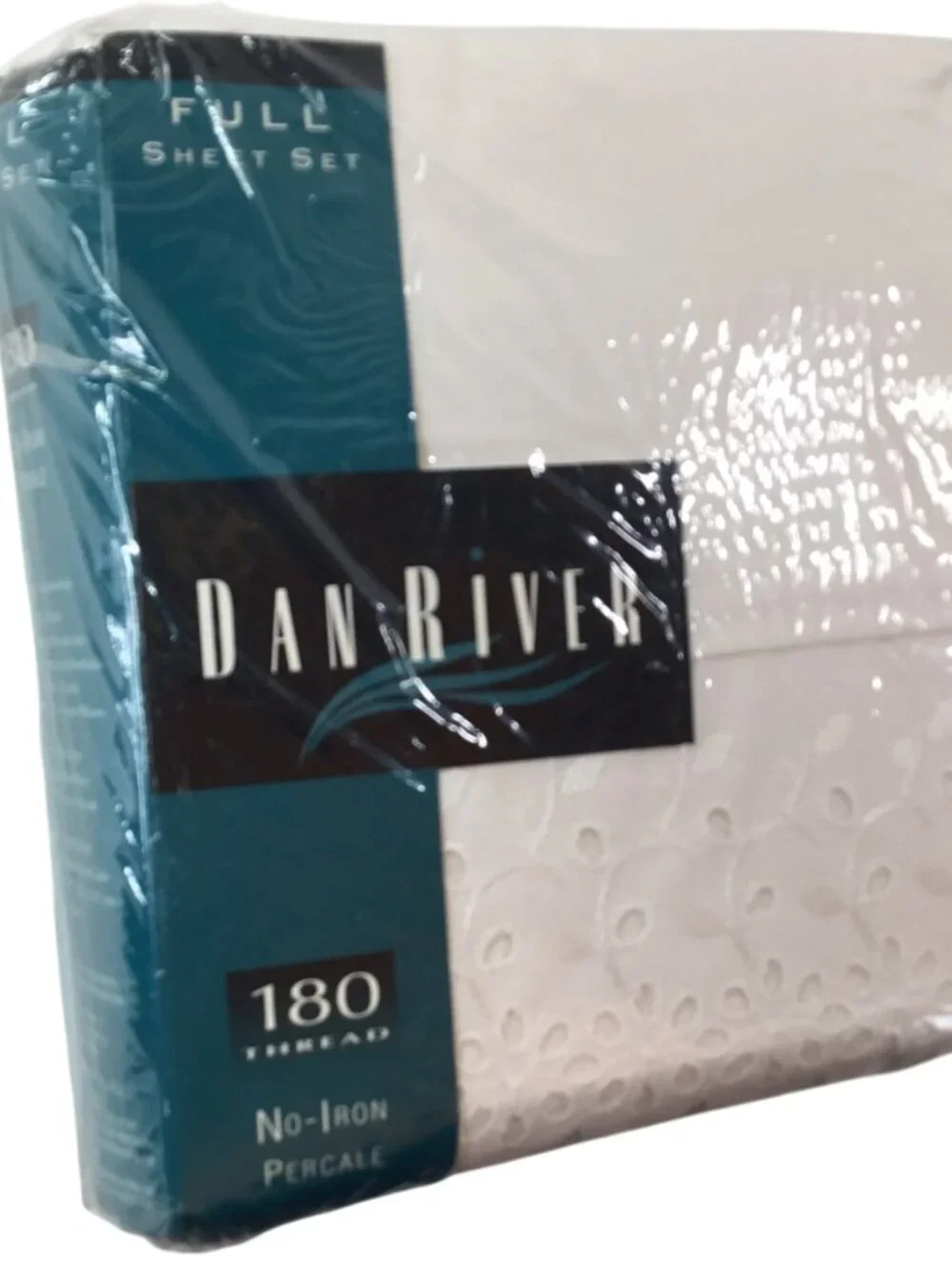 Dan River NOS No Iron Percale Sheet Set White Eyelet Full Double 180 Thread Ct